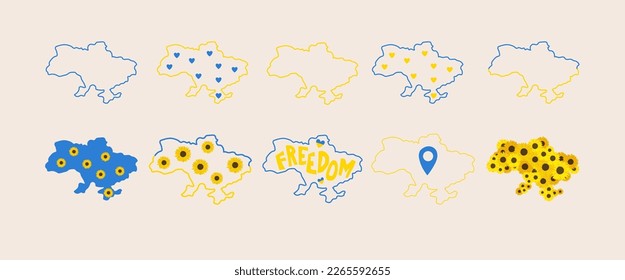 Ukraine map outline. Lineart prints. Yellow and blue map with sunflowers. Vector