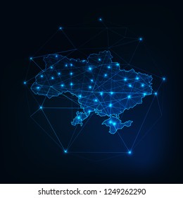 Ukraine map outline with stars and lines abstract framework. Communication, connection concept. Modern futuristic low polygonal, wireframe, lines and dots design. Vector illustration. 