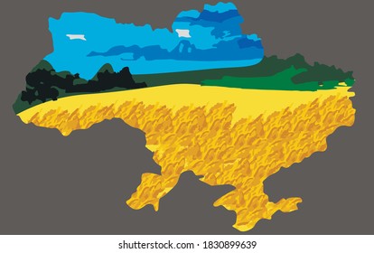 Ukraine map outline / Ukrainian flag colors / nature scenery