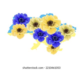 Ukraine map outline with yellow and blue anemone flowers. outline of Ukraine in national colors. vector patriotic illustration