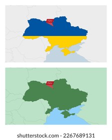 Ukraine map with pin of country capital. Two types of Ukraine map with neighboring countries. Vector template.