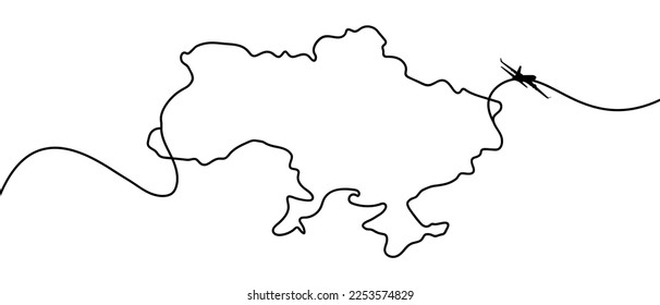 Ukraine Map with plane. Ukraine Map Silhouette Outline Isolated on White background. Map of Ukraine in line art. Vector illustration