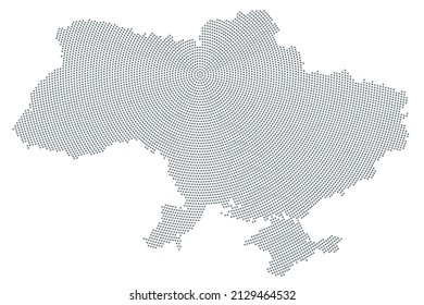 Ukraine Map, Radial Dot Pattern. Gray Dots Going From The Capital Kyiv (also Called Kiev) Outwards And Form The Silhouette Of The Eastern European Country. Isolated Illustration On White Background.