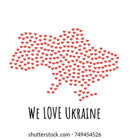 Ukraine Map with red hearts- symbol of love. abstract background with text We Love Ukraine. vector illustration. Print for t-shirt