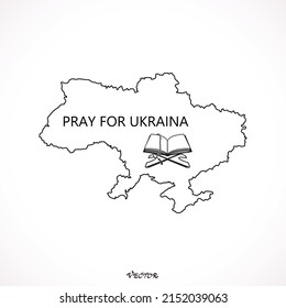 Mapa de Ucrania con libro religioso Rezar por Ucrania.  Apoyo del pueblo de Ucrania. Basta de guerra. Esbozo de Ucrania.  El libro sagrado del Corán en el estrado, ilustración vectorial del rosario islámico.  