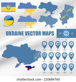 Ukraine map set with gps and flag icons