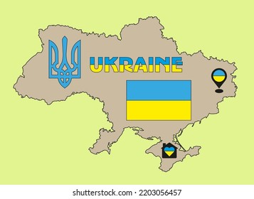 Ukraine map shape with coat of arms, with national flag of Ukraine. Blue and yellow symbols of Ukraine. Support Ukraine.