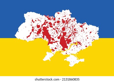 Silueta de mapa de Ucrania con fondo azul y amarillo colores de la bandera, manchados de sangre