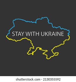 Ukraine Map. Stay with Ukraine text. World Map International vector template. Ukraine map with thin blue and yellow outline graphic sketch style isolated on dark background for card design, poster