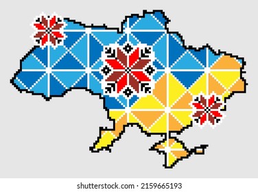 Mapa de Ucrania en los tradicionales colores de diseño de bordado - azul, amarillo, rojo y negro. Ilustración vectorial de arte de píxeles. Apoyen a Ucrania. Elemento de diseño político o geográfico sobre fondo gris