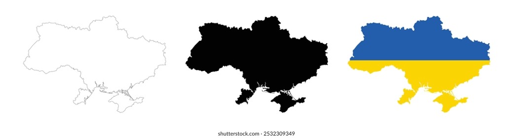 Ukraine map in various style outline, icon, black color, border, flag colors. Europe country icons collection. Vector illustration