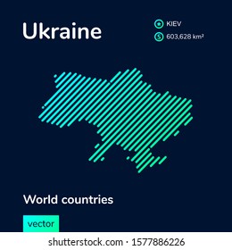 Ukraine map. Vector creative digital neon flat line art abstract simple map of Ukraine with green, mint, turquoise striped texture  on dark blue background. Educational banner, poster about Ukraine