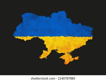 Ukraine Map Vector Grunge Distressed Halftone Texture Style In Yellow Blue Ukrainian National Flag Colours Isolated On Black Background. No War In Ukraine Art Illustration