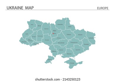 Mapa de Ucrania de ilustración vectorial sobre fondo blanco. Los mapas tienen todas las provincias y marcan la ciudad capital de Ucrania. 