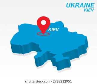 Ukraine Karte Vektor, Kiew Hauptstadt Marker auf blauem 3D-Land Form, Ukraine Infografik-Design, bearbeitbare Zielzeiger Ukraine Geografie