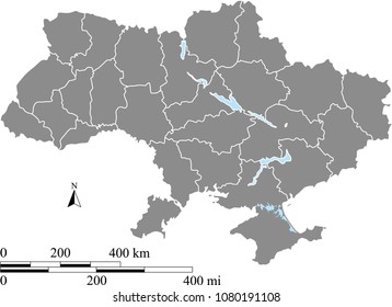 Ukraine map vector outline with scales of miles and kilometers and borders of provinces in gray background. Ukrainian map with mileage and kilometer scales 