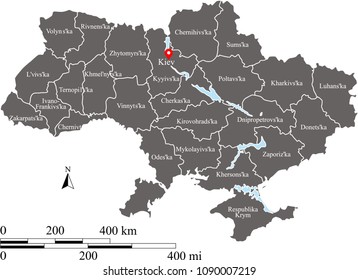 Ukraine map vector outline with scales of miles and kilometers and provinces names labeled in gray background. Ukraine map with mileage and kilometer scales 