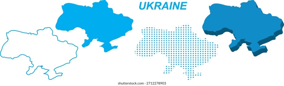Conjunto de Vectores de mapa de Ucrania, Silueta de contorno europeo Formas sólidas 3D punteadas, Ucrania Plantilla de infografía Country, EPS editable Ucrania Geografía