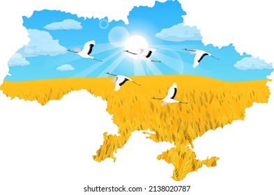 mapa ucraniano campo de trigo y grúas de rayos de sol primavera bandera del alba de la paz colores nacionales cartel de bandera azul amarillo