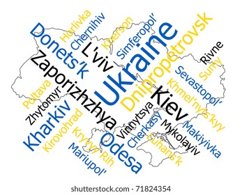 Ukraine map and words cloud with larger cities
