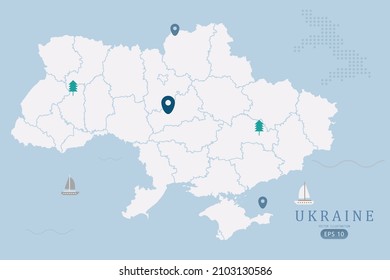 Ukraine Map - World Map International vector template High detailed with white color isolated on blue background including simple point of location, tree, boat icon - Vector illustration eps 10