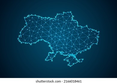 Mapa de Ucrania - Línea de máscaras del Mapa Mundial y escalas puntuales sobre fondo de tecnología azul. Malla 3D del marco de cables línea de red poligonal, esfera de diseño, punto y estructura - Ilustración vectorial eps 10