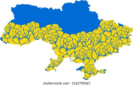 Ukraine Map with yellow flowers. Map of Ukraine from flowers in national flag colors.