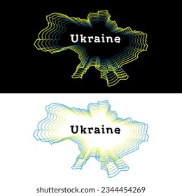Ukraine map with yellow-blue lines psychedelic transition effect and lettering word. For logos, signs, decor, social media posts, banners, postcards, merch, clothes, fabrics
