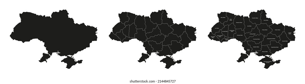 Ukraine Karten Set. Satz ukrainischer Karte mit Namen der oblast und leere Karte der Ukraine. Vektorgrafik.