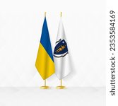 Ukraine and Massachusetts flags on flag stand, illustration for diplomacy and other meeting between Ukraine and Massachusetts. Vector illustration.
