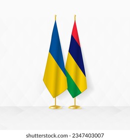 Ukraine and Mauritius flags on flag stand, illustration for diplomacy and other meeting between Ukraine and Mauritius. Vector illustration.