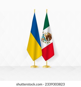 Banderas de Ucrania y México en el puesto de bandera, ilustración para la diplomacia y otro encuentro entre Ucrania y México. Ilustración vectorial.