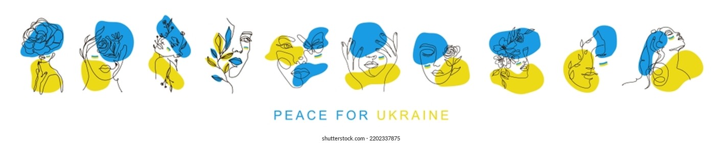 Ukraine modern abstract line minimalistic women face arts set with national color flag on white background postcard or brochure cover design. Different woman faces. One line art. Vector illustrations