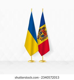Banderas de Ucrania y Moldavia en el puesto de bandera, ilustración para diplomacia y otra reunión entre Ucrania y Moldavia. Ilustración vectorial.