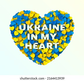 Ukraine In My Heart Quote Vector Patriotic National Colours Yellow Blue Cut Out Paper Hearts Isolated On White Background. Stop War Help And Stay Solidarity With Ukraine Abstract Art Illustration