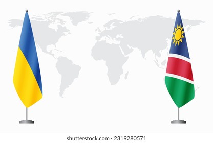 Banderas de Ucrania y Namibia para una reunión oficial en el fondo del mapa mundial.