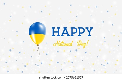 Ukraine National Day patriotic poster. Flying Rubber Balloon in Colors of the Ukrainian Flag. Ukraine National Day background with Balloon, Confetti, Stars, Bokeh and Sparkles.
