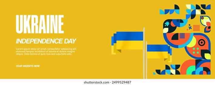 Ukraine National Day wide banner. Modern geometric background with colorful style for Ukrainian Day. Happy Independence Day of Ukraine greeting card cover in flag colors. Happy national holiday