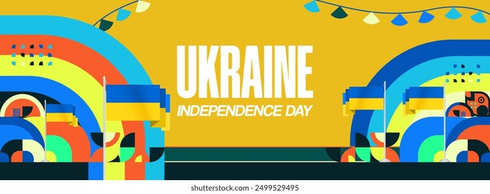 Ukraine National Day wide banner. Modern geometric background with colorful style for Ukrainian Day. Happy Independence Day of Ukraine greeting card cover in flag colors. Happy national holiday