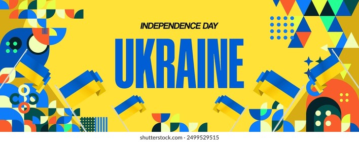 Ukraine National Day wide banner. Modern geometric background with colorful style for Ukrainian Day. Happy Independence Day of Ukraine greeting card cover in flag colors. Happy national holiday
