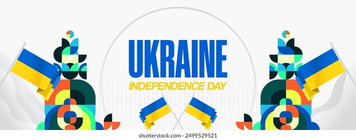 Ukraine National Day wide banner. Modern geometric background with colorful style for Ukrainian Day. Happy Independence Day of Ukraine greeting card cover in flag colors. Happy national holiday