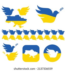 Ukraine national flag design elements. Colour dove silhouettes isolated on white background. Support Ukraine in war with Russia in 2022