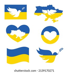Ukraine national flag design elements. Colour dove silhouettes isolated on white background. Support Ukraine in war with Russia in 2022