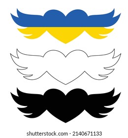 Elementos de diseño de la bandera nacional de Ucrania. Corazón de color y siluetas de alas de paloma aisladas sobre fondo blanco. Apoyar a Ucrania en la guerra con Rusia en 2022
