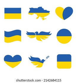 Ukraine national flag design elements. Colour dove silhouettes isolated on white background. Support Ukraine in war with Russia in 2022