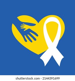 Ukraine national flag and heart design with hug hands. White support ribbon silhouette and kid hand. Support Ukraine in war with Russia in 2022