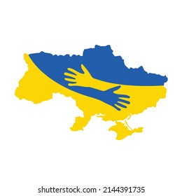 Ukraine national flag and map design with hug hands. Support Ukraine in war with Russia in 2022