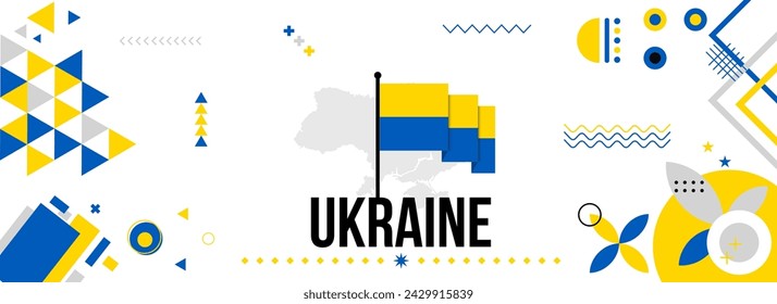 Ukraine national or independence day banner design for country celebration. Flag of Ukraine modern retro design abstract geometric icons. Vector illustration
