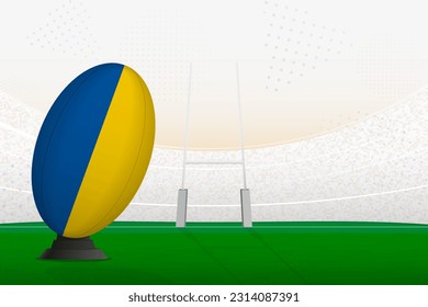 Ukraine national team rugby ball on rugby stadium and goal posts, preparing for a penalty or free kick. Vector illustration.