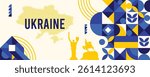 Ukraine national vector banner featuring the flag, dotted map, landmarks, and geometric pattern design